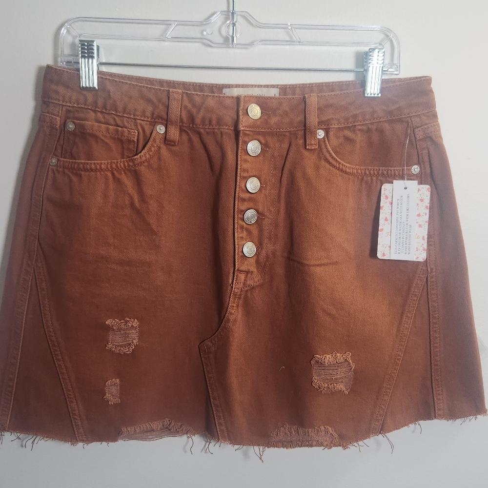 FREE PEOPLE WE THE FREE Denim Mini Skirt A line Distressed Jean Bronze NWT 31